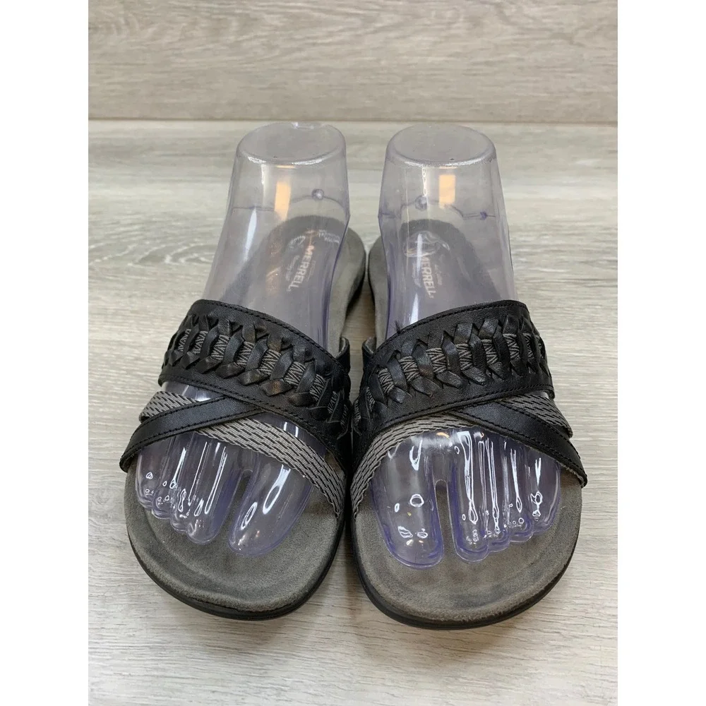 Merrell Women's Black Grey Woven Strap Slide Sandals Memory Foam 7 Shoes
